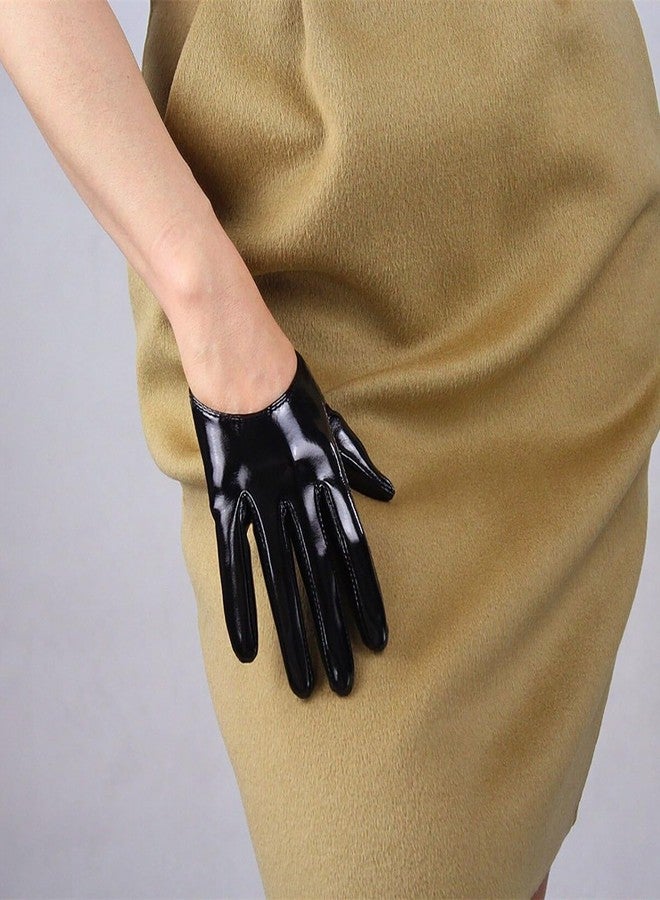 DooWay Extra Short Black Leather Gloves Women Half Palm 5" Unlined Faux Patent PU Dressy Costume Gloves - Image 3